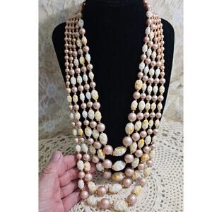 Vintage 5-Strand Mid-Century Faux Pearl and Beaded Necklace